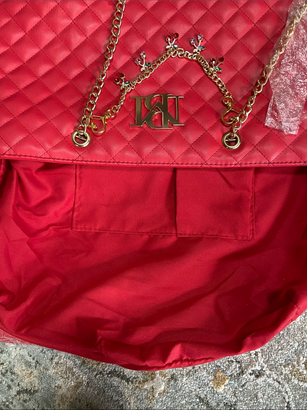 Badgley Mischka Quilted Red Tote with Gold Chain Charm Accents - Picture 4 of 10